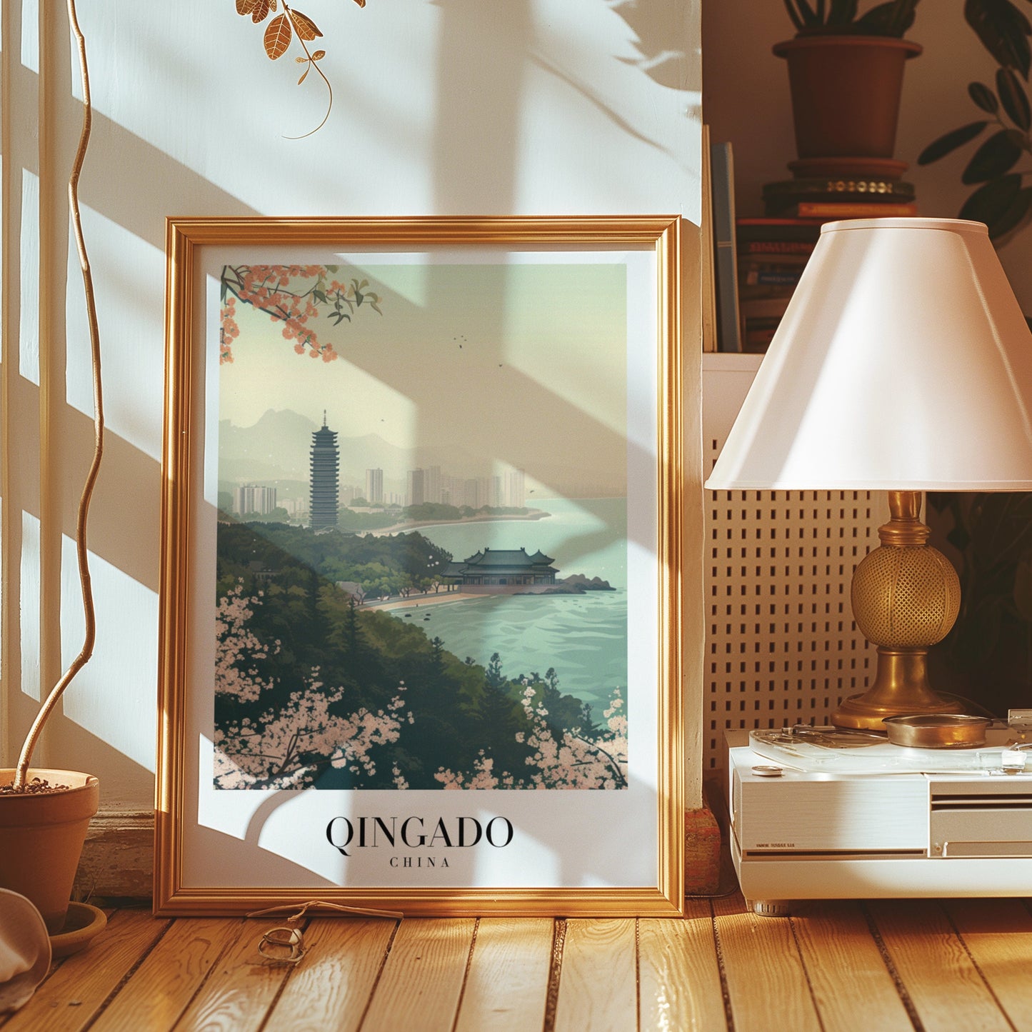 Qingdao Poster, China Coastal City Print, Pagoda and Ocean View Art, Qingdao Skyline Art, Chinese Landscape Wall Art, Asia Travel Poster,