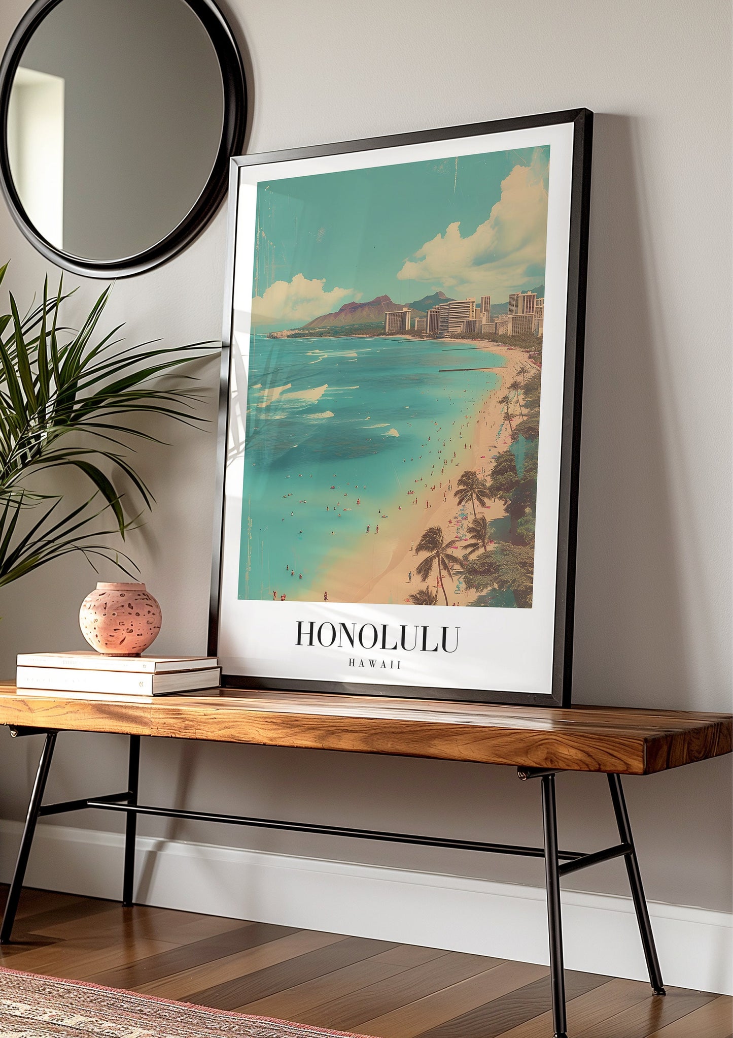 Honolulu Hawaii Poster, Waikiki Beach Wall Art, Tropical Beach Decor, Hawaii Travel Art Print, Scenic Coastal Poster, Hawaiian Islands Decor