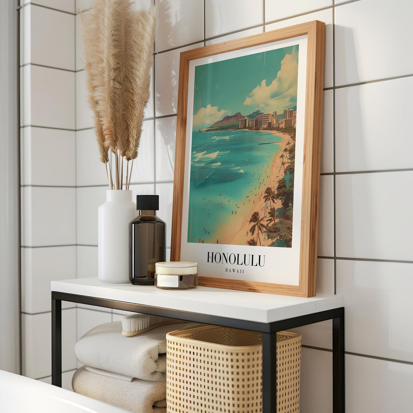 Honolulu Hawaii Poster, Waikiki Beach Wall Art, Tropical Beach Decor, Hawaii Travel Art Print, Scenic Coastal Poster, Hawaiian Islands Decor