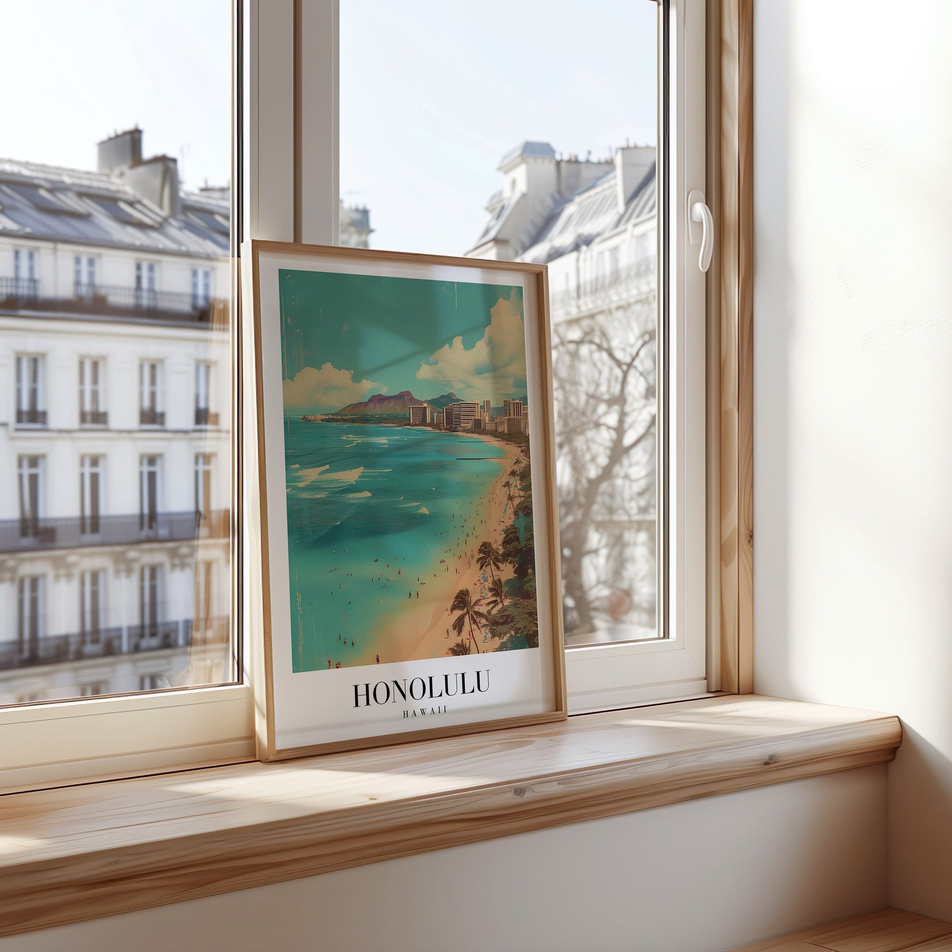 A stunning framed poster of Honolulu, Hawaii, showcasing the famous Waikiki Beach with turquoise waters, white sand, and a backdrop of the city&#39;s skyline and mountains.