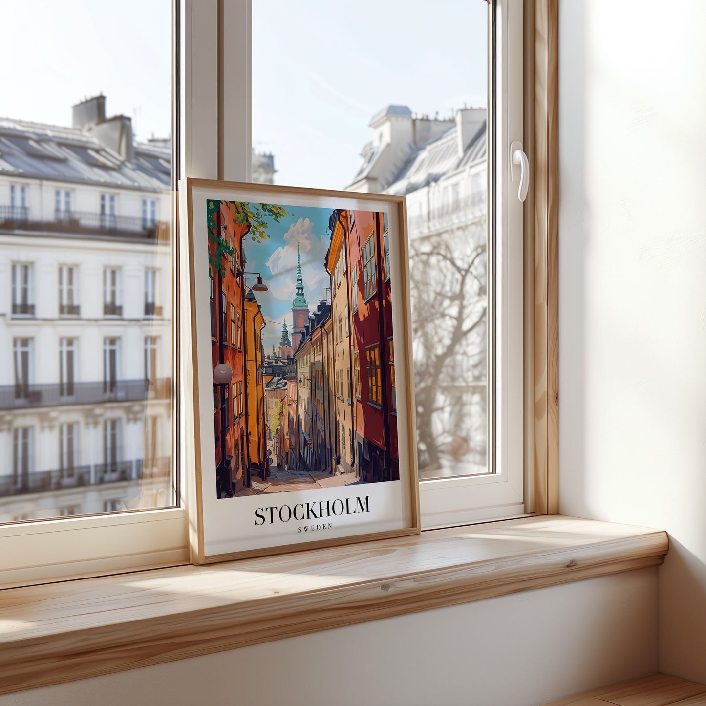 A framed poster of Stockholm’s old town, Gamla Stan, featuring colorful buildings and a charming narrow street leading towards the spire, perfect for Scandinavian decor lovers.