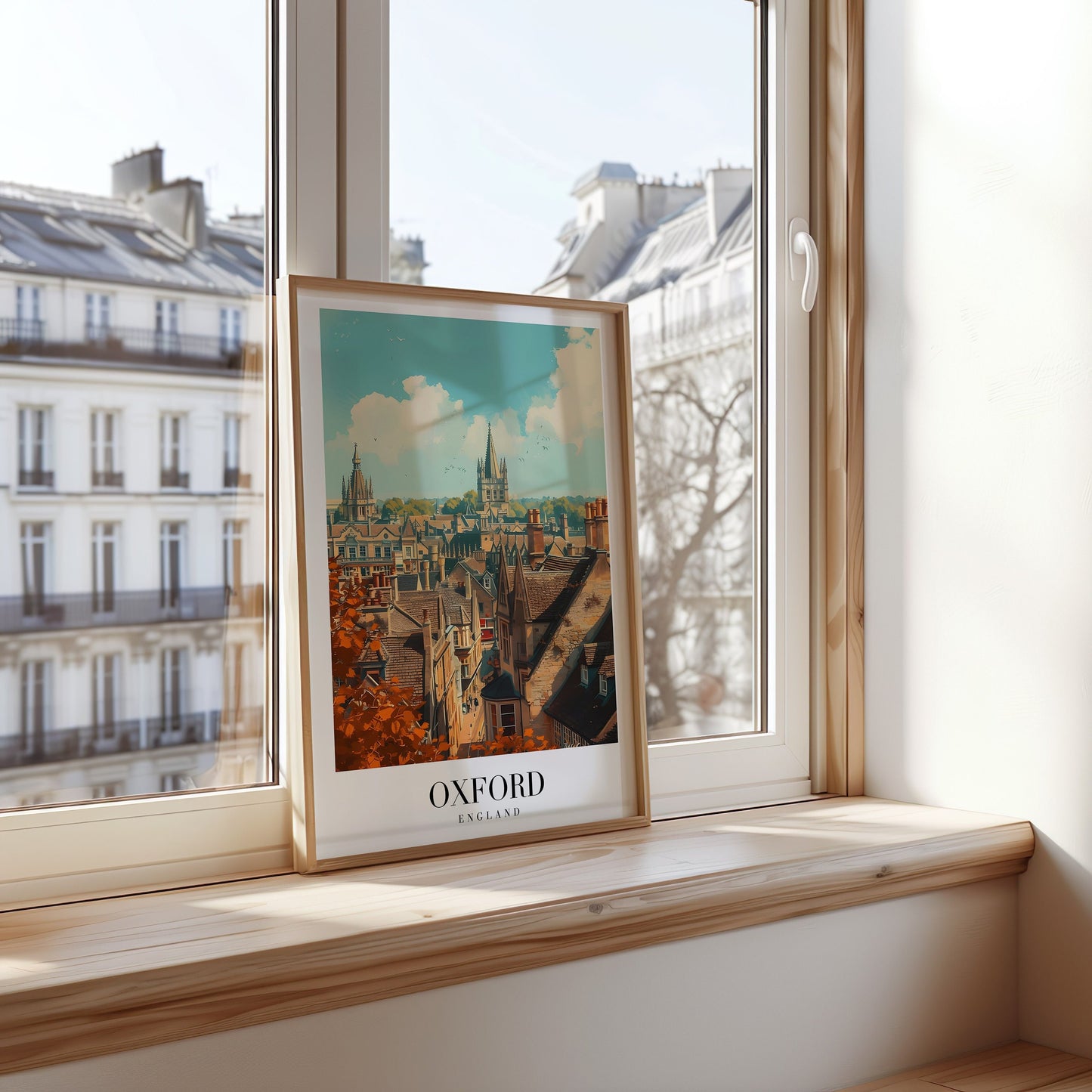 A detailed poster of Oxford city featuring the iconic spires and historic architecture of the University of Oxford under a bright sky with soft clouds.