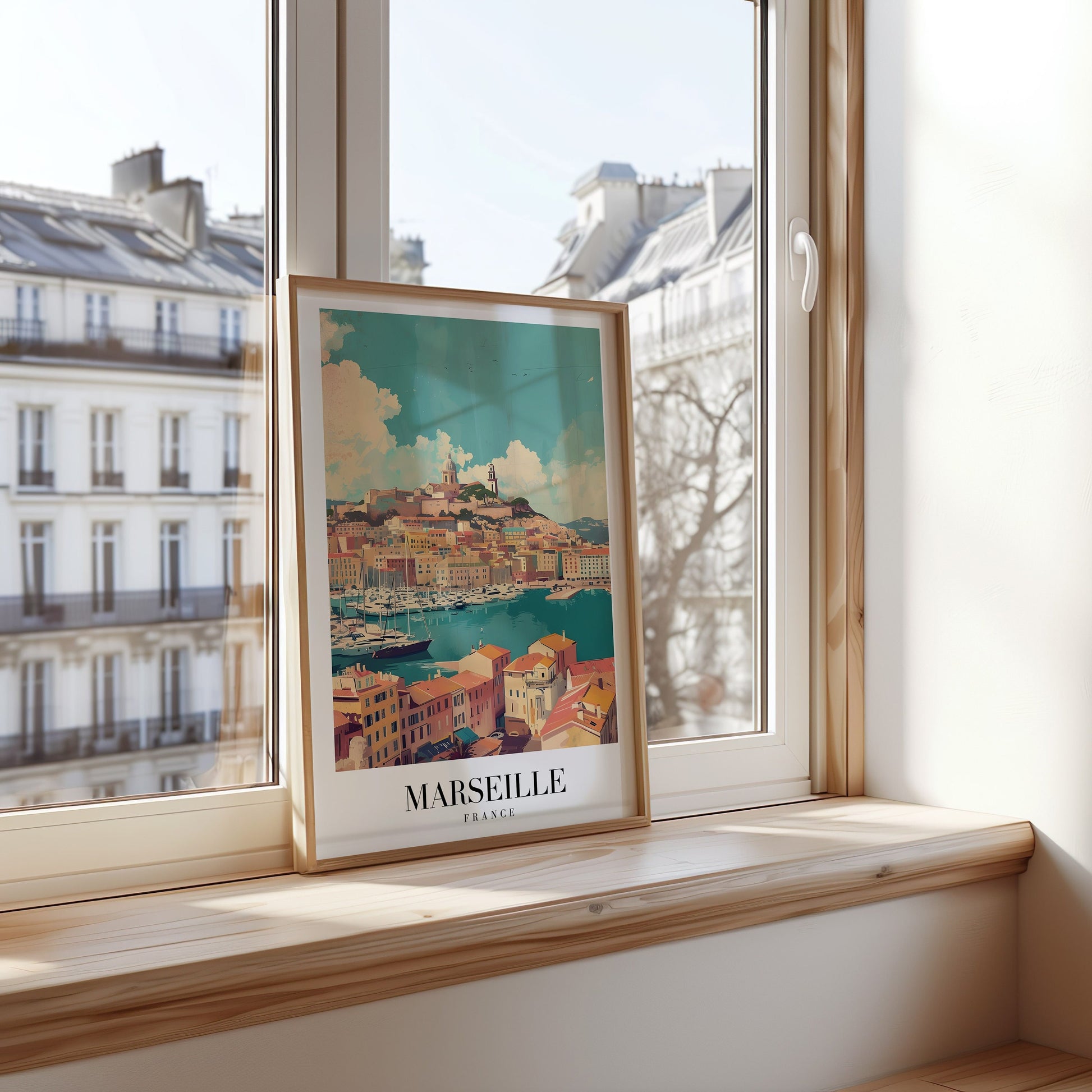 A vibrant poster of Marseille, France, featuring the city’s coastal landscape with colorful buildings surrounding the old port, under a bright blue sky.