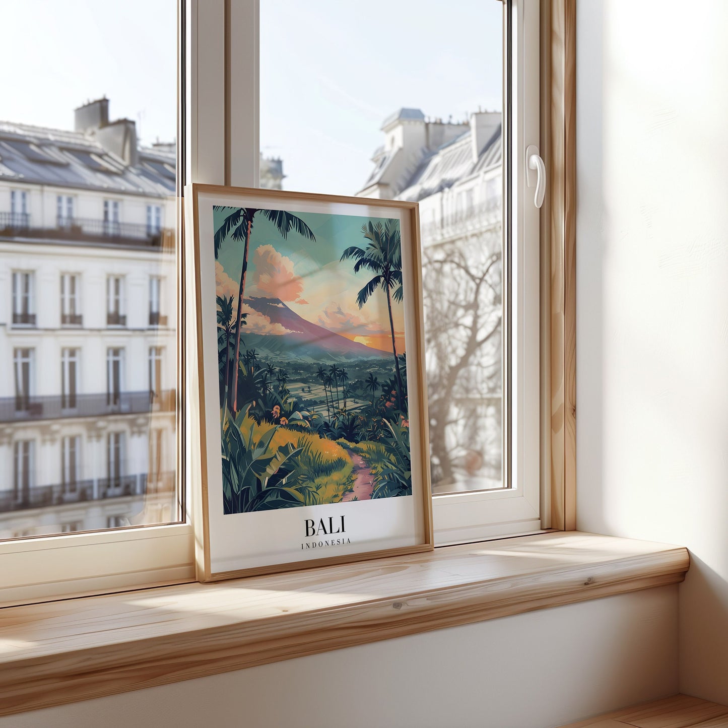 A scenic poster of Bali, Indonesia, showcasing a tropical landscape with palm trees, a towering volcano in the background, and a vibrant sunset.