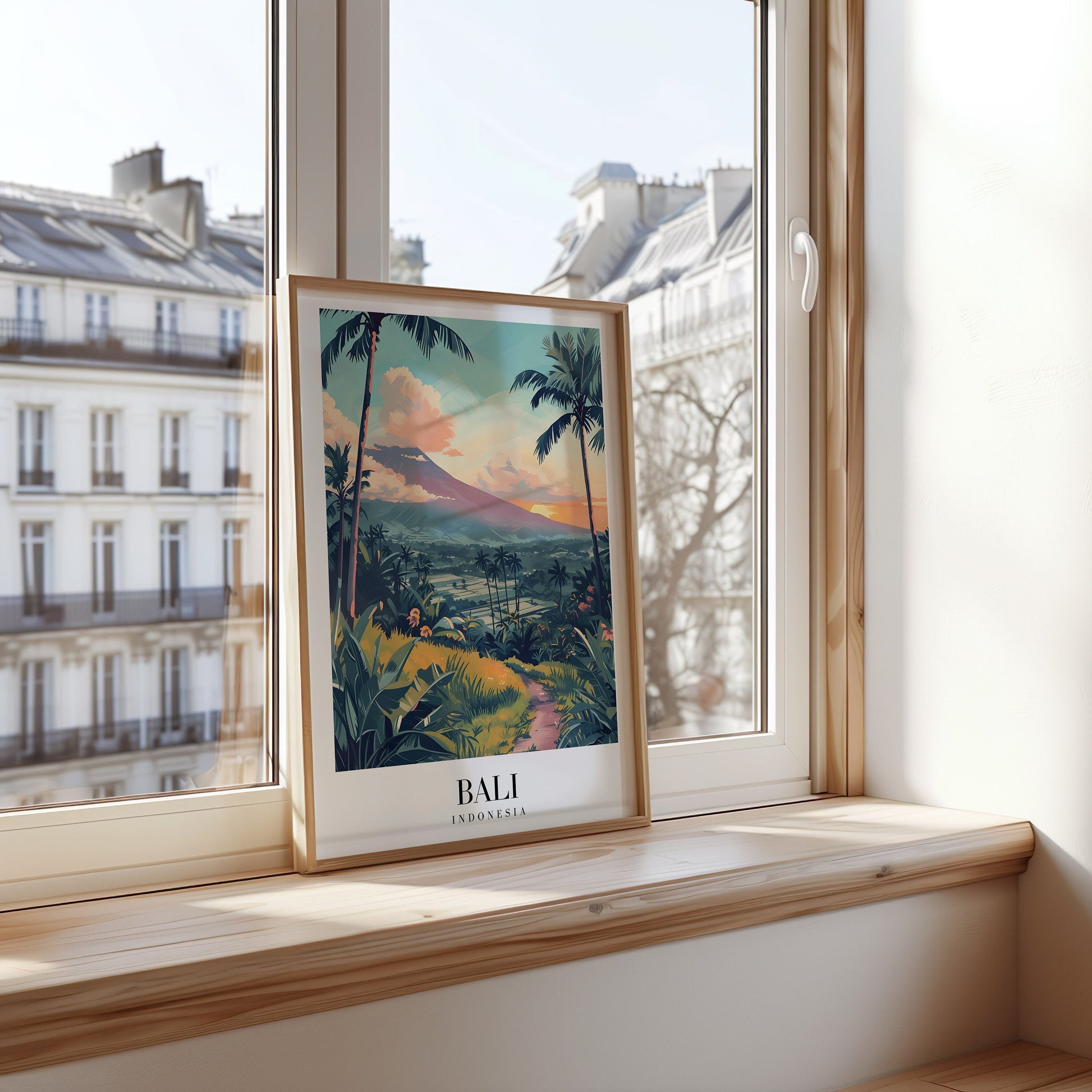 A scenic poster of Bali, Indonesia, showcasing a tropical landscape with palm trees, a towering volcano in the background, and a vibrant sunset.