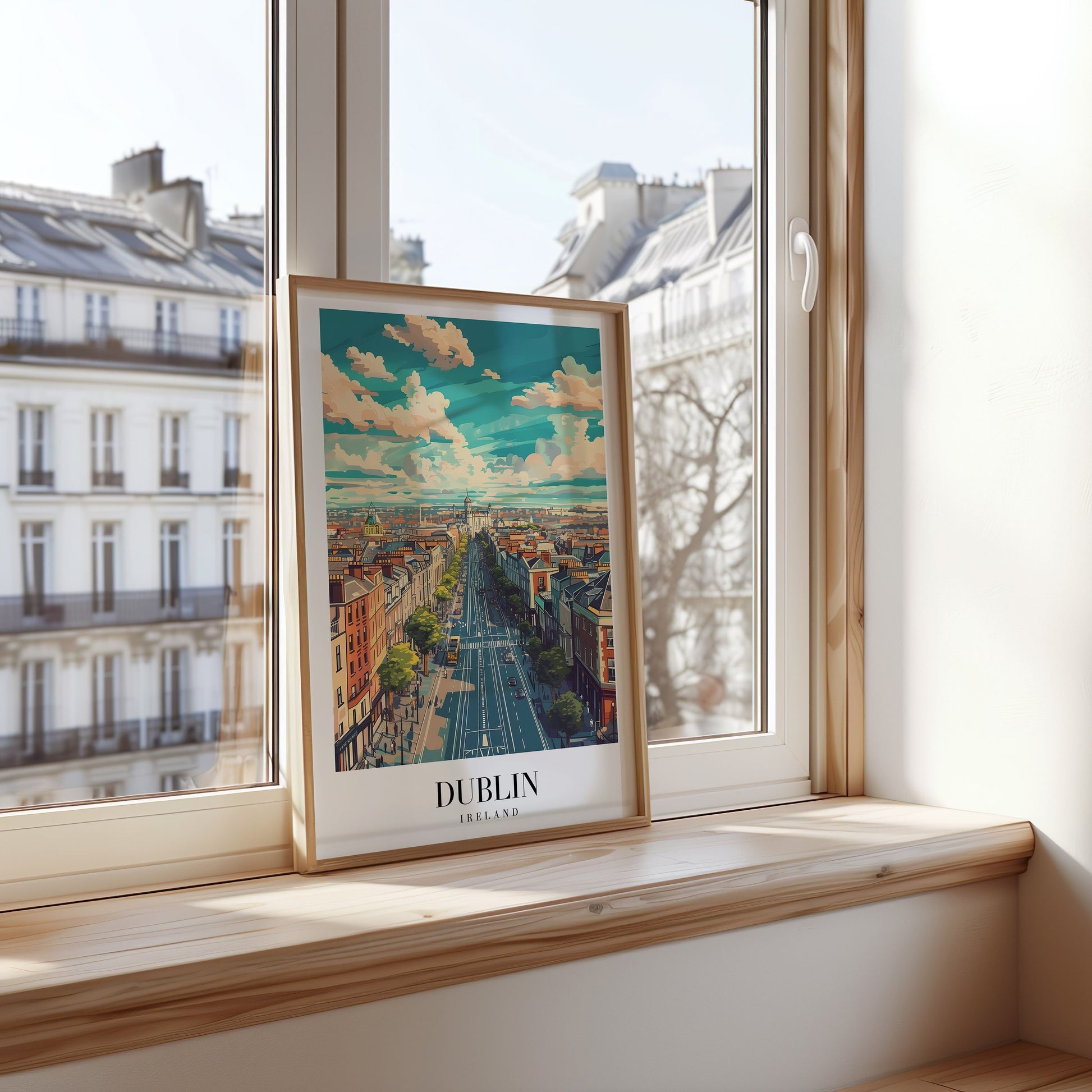 A vibrant poster of Dublin, Ireland, showcasing the city’s streets stretching into the distance, with historic buildings and a bright sky full of clouds.