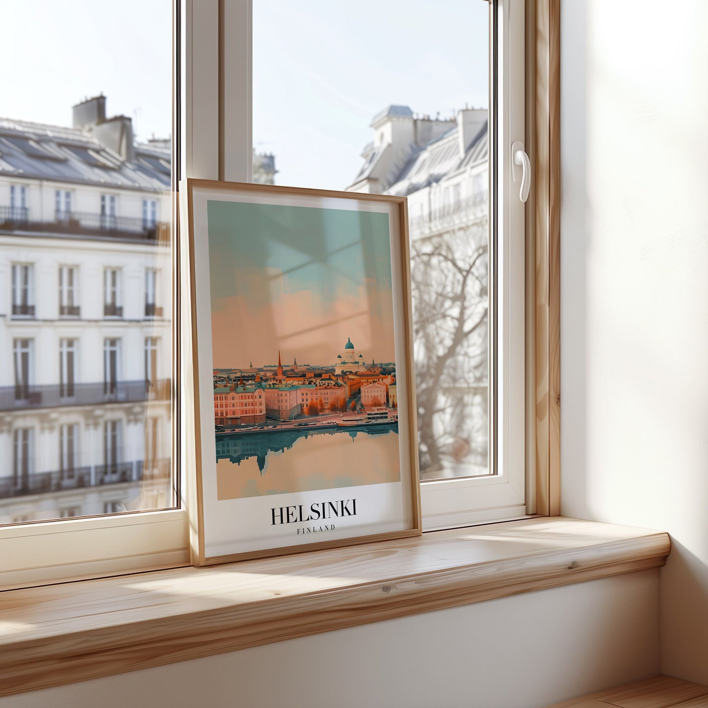 A scenic poster showcasing the beautiful skyline of Helsinki, Finland, featuring its iconic landmarks and reflecting architecture by the water.