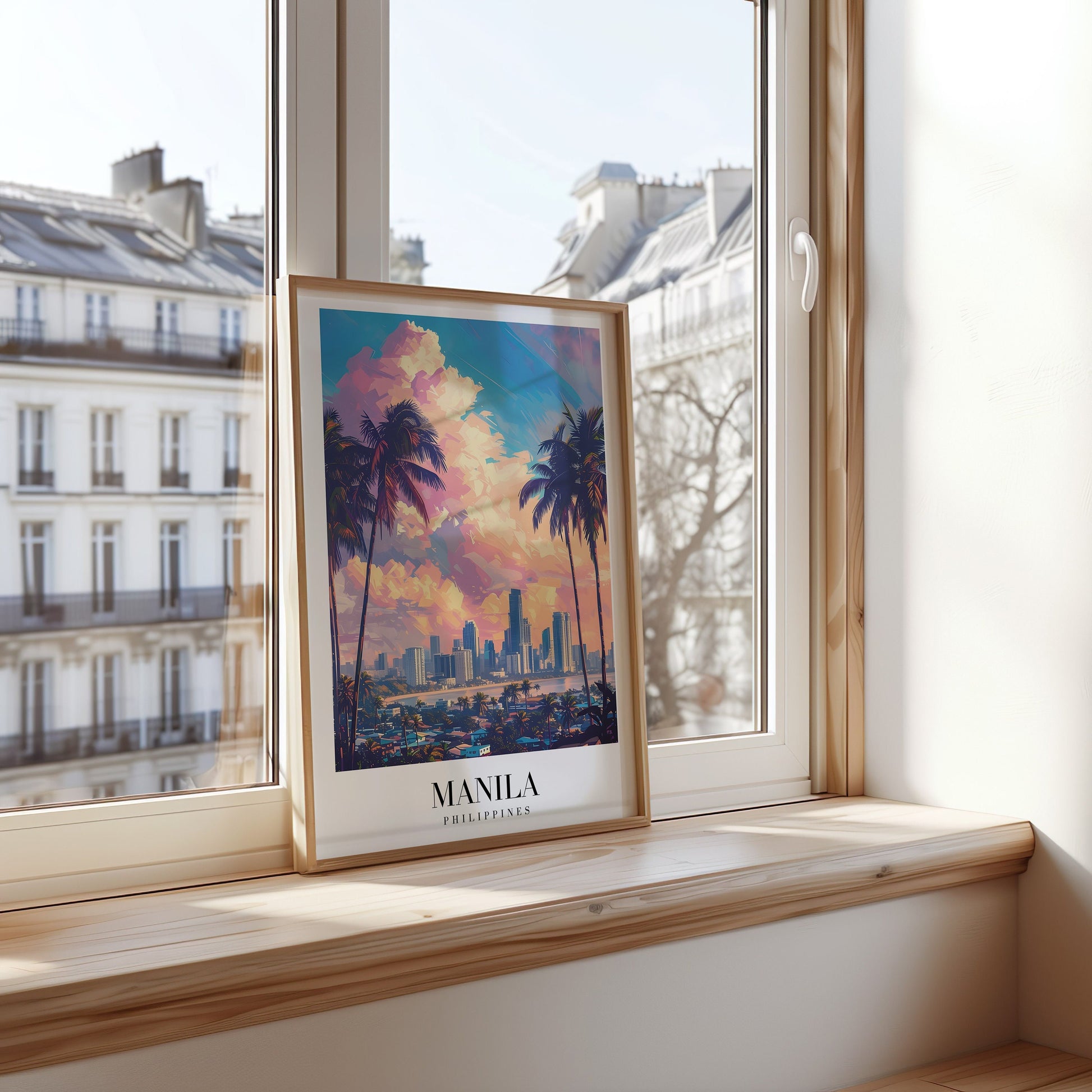 A vibrant poster depicting the Manila skyline during sunset, framed by tropical palm trees, showcasing the beauty of the Philippines&#39; capital.