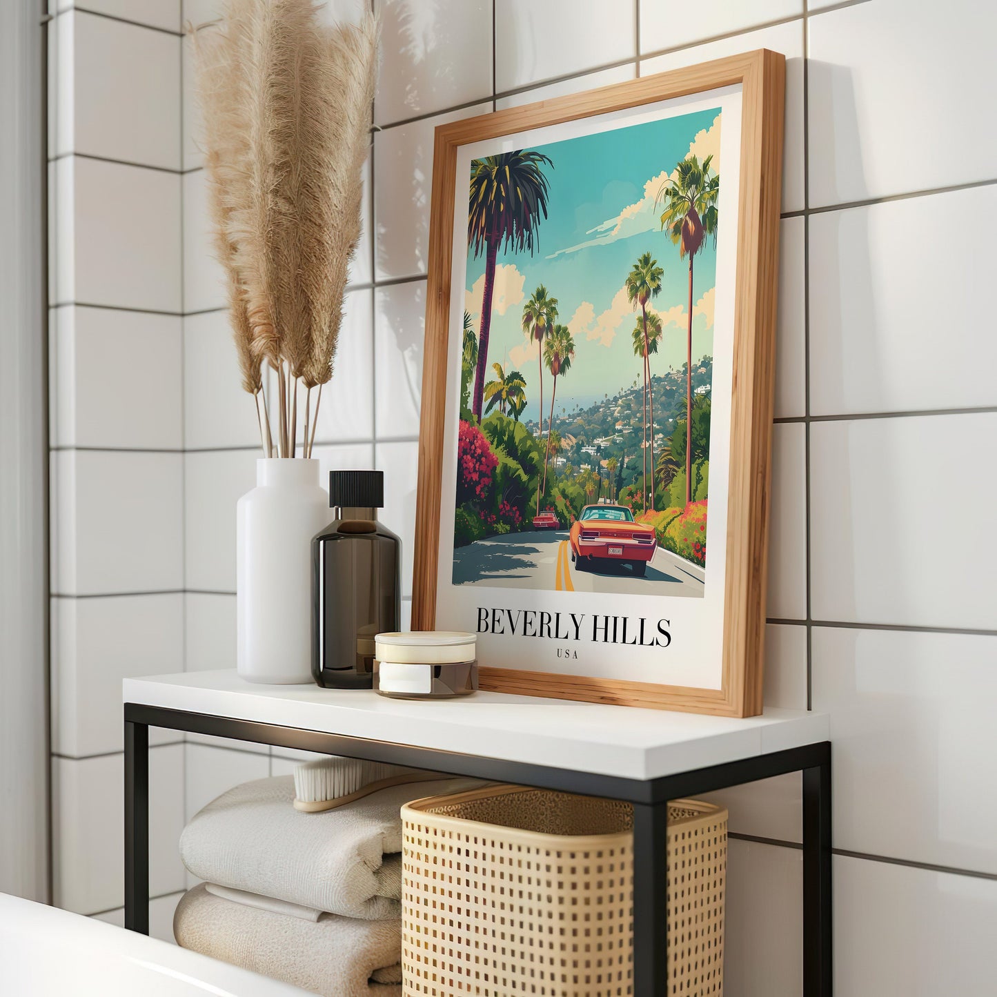 Beverly Hills Poster, California City Art, Palm Tree Scenic Print, Classic Car Artwork, Los Angeles Wall Decor, Hollywood Hills Poster