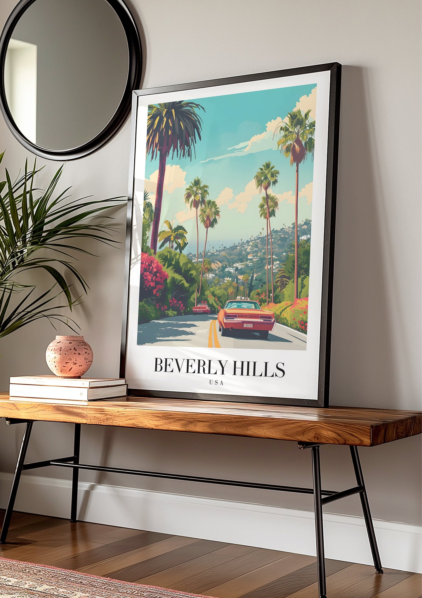 Beverly Hills Poster, California City Art, Palm Tree Scenic Print, Classic Car Artwork, Los Angeles Wall Decor, Hollywood Hills Poster