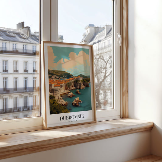 A scenic poster of Dubrovnik’s historic Old Town, with fortified city walls overlooking the crystal-clear Adriatic Sea, under a bright blue sky.