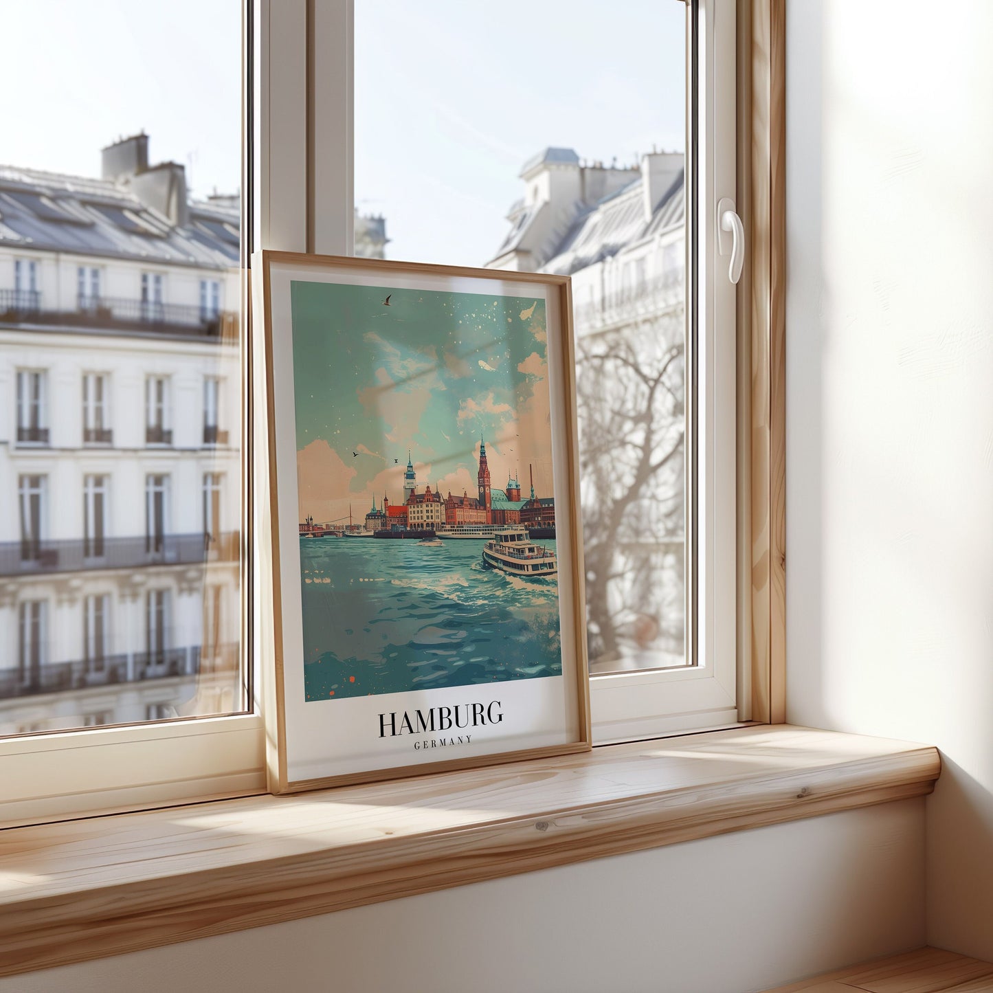 A scenic poster of Hamburg, Germany, depicting the city skyline and harbor with boats on the water, capturing the essence of this vibrant port city.