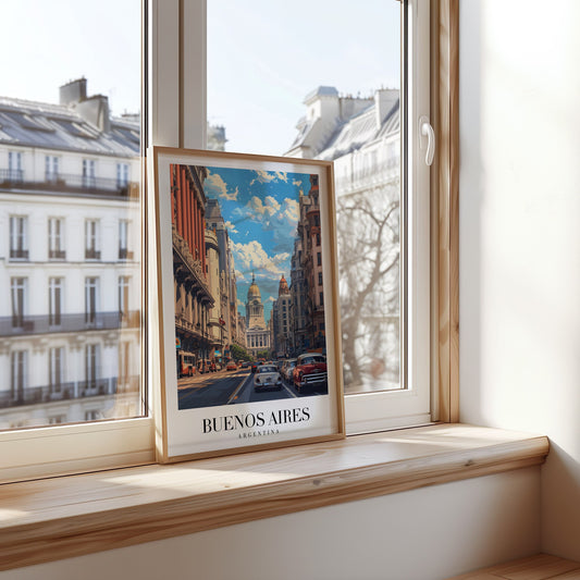 A detailed poster of Buenos Aires, Argentina, showcasing the city&#39;s iconic architecture and bustling street scene with vibrant buildings under a blue sky, representing the lively atmosphere of the capital.