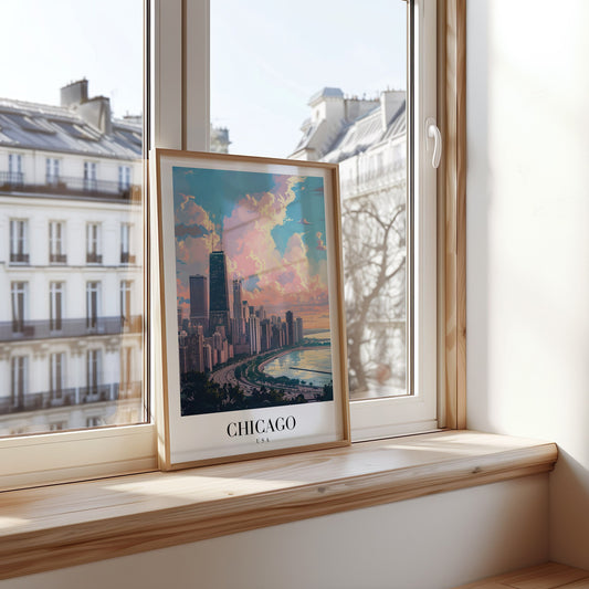 A scenic poster of Chicago&#39;s skyline featuring the towering buildings along Lake Michigan under a vibrant sky, capturing the iconic urban beauty of the Windy City.