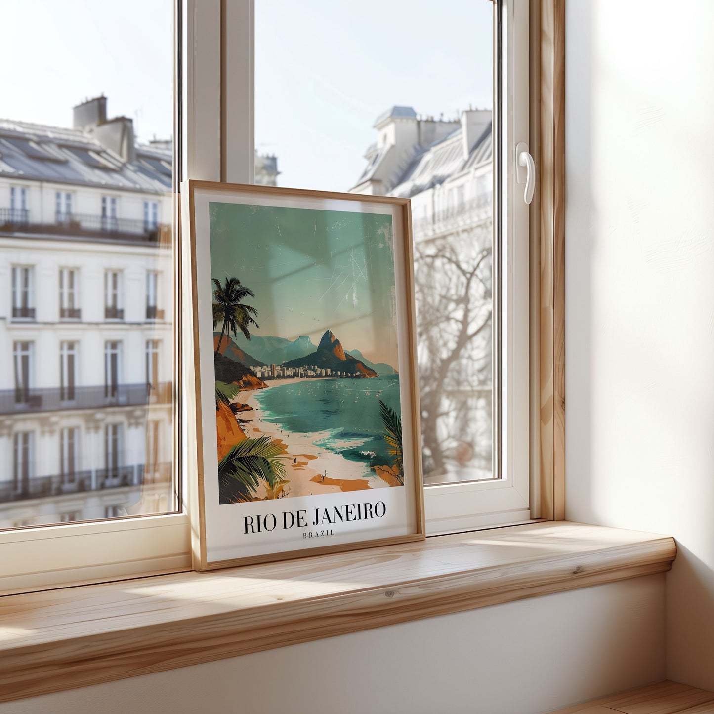 A stunning poster of Rio de Janeiro, Brazil, featuring the iconic Ipanema beach with lush palm trees and mountains in the background, capturing the tropical beauty of the city.