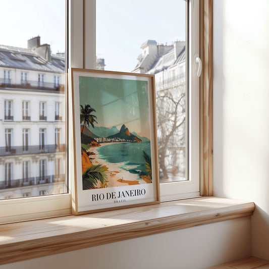 A stunning poster of Rio de Janeiro, Brazil, featuring the iconic Ipanema beach with lush palm trees and mountains in the background, capturing the tropical beauty of the city.