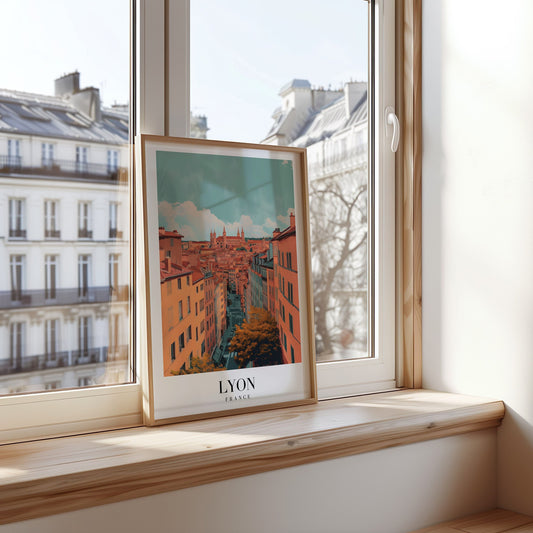 A picturesque poster of Lyon, France, featuring a view of the historic streets with a backdrop of the beautiful architecture and hills in the distance.