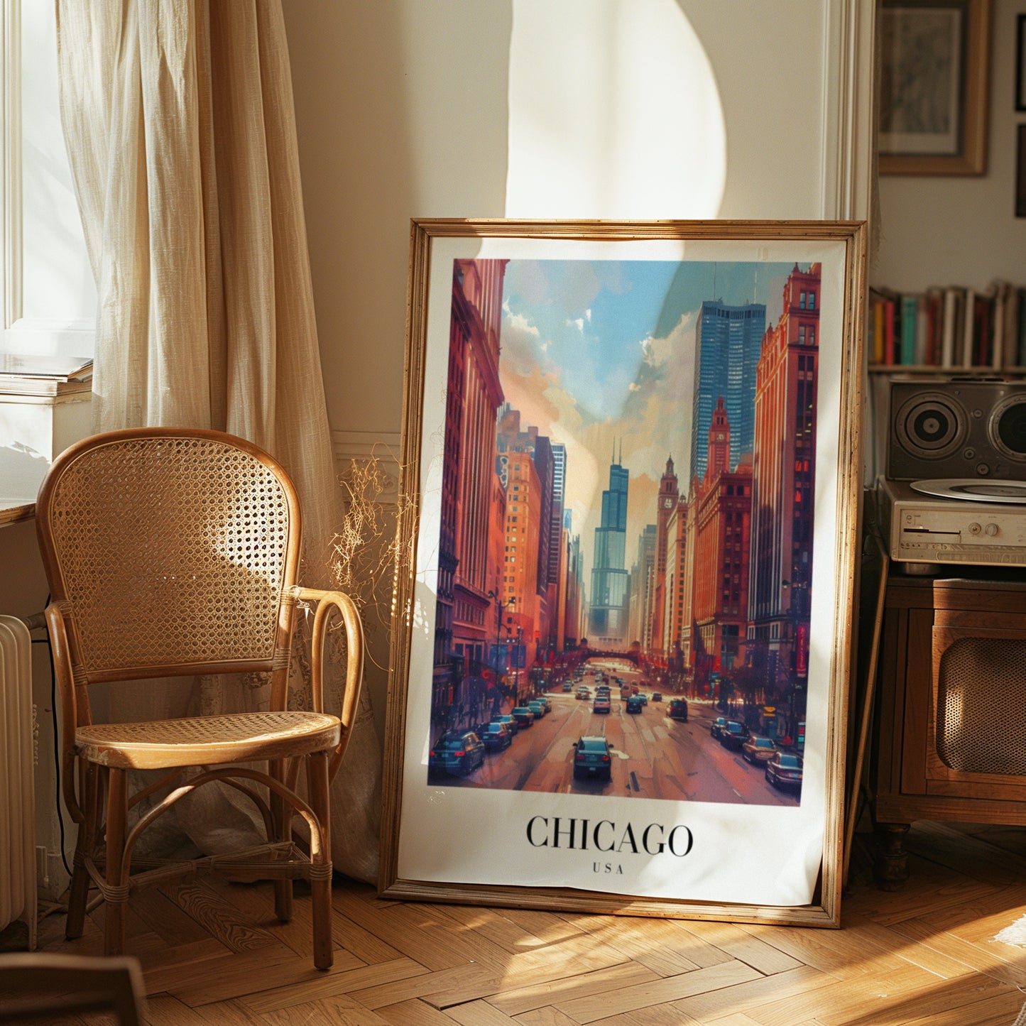 Chicago USA Poster, Urban Cityscape Art Print, Windy City Wall Art, Chicago Travel Poster, City Decor, Skyscraper Print, City Poster