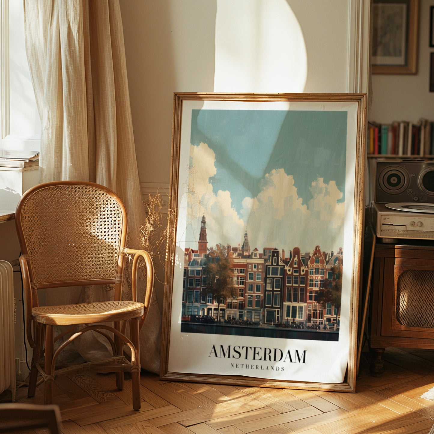 Amsterdam Netherlands Travel Poster, Scenic City Canal Print, Dutch Architecture Wall Art, Amsterdam Canal Illustration, Netherlands Poster