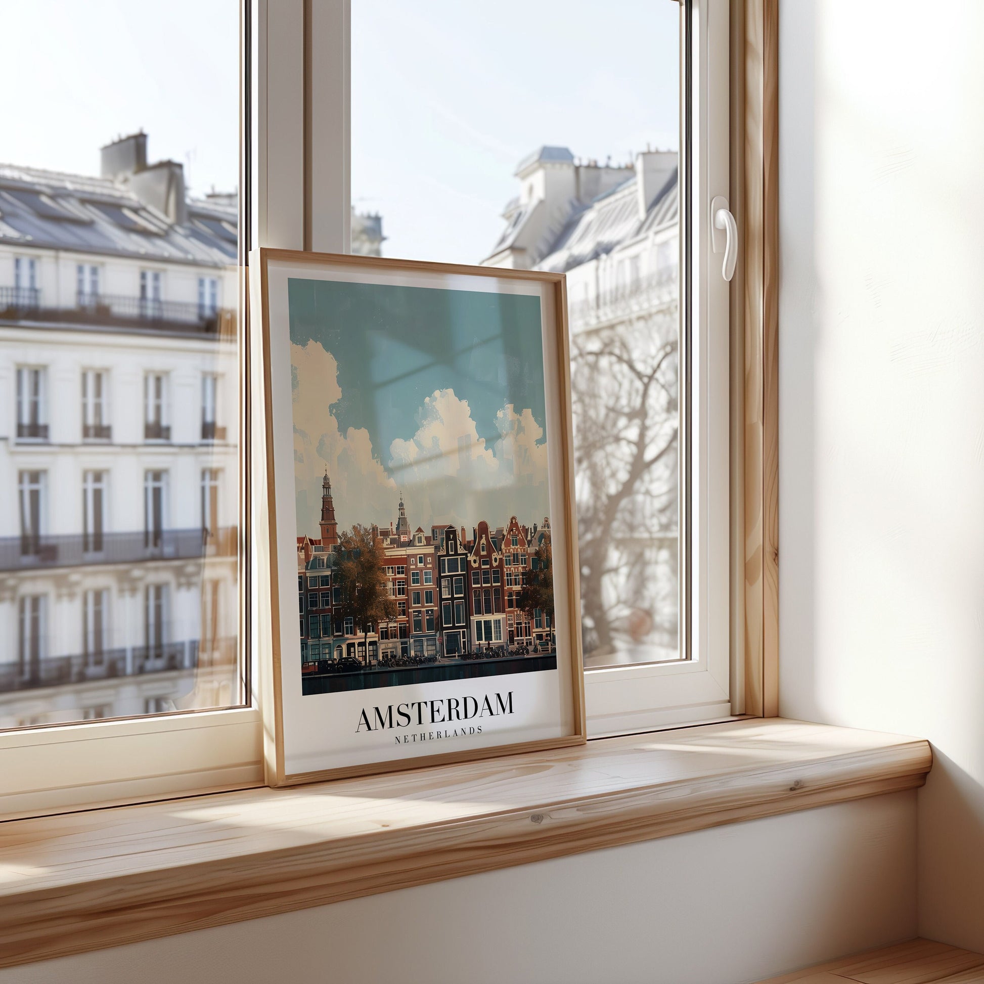 A vibrant poster of Amsterdam, Netherlands, showcasing the iconic canal houses along the water, with clear skies and soft clouds.