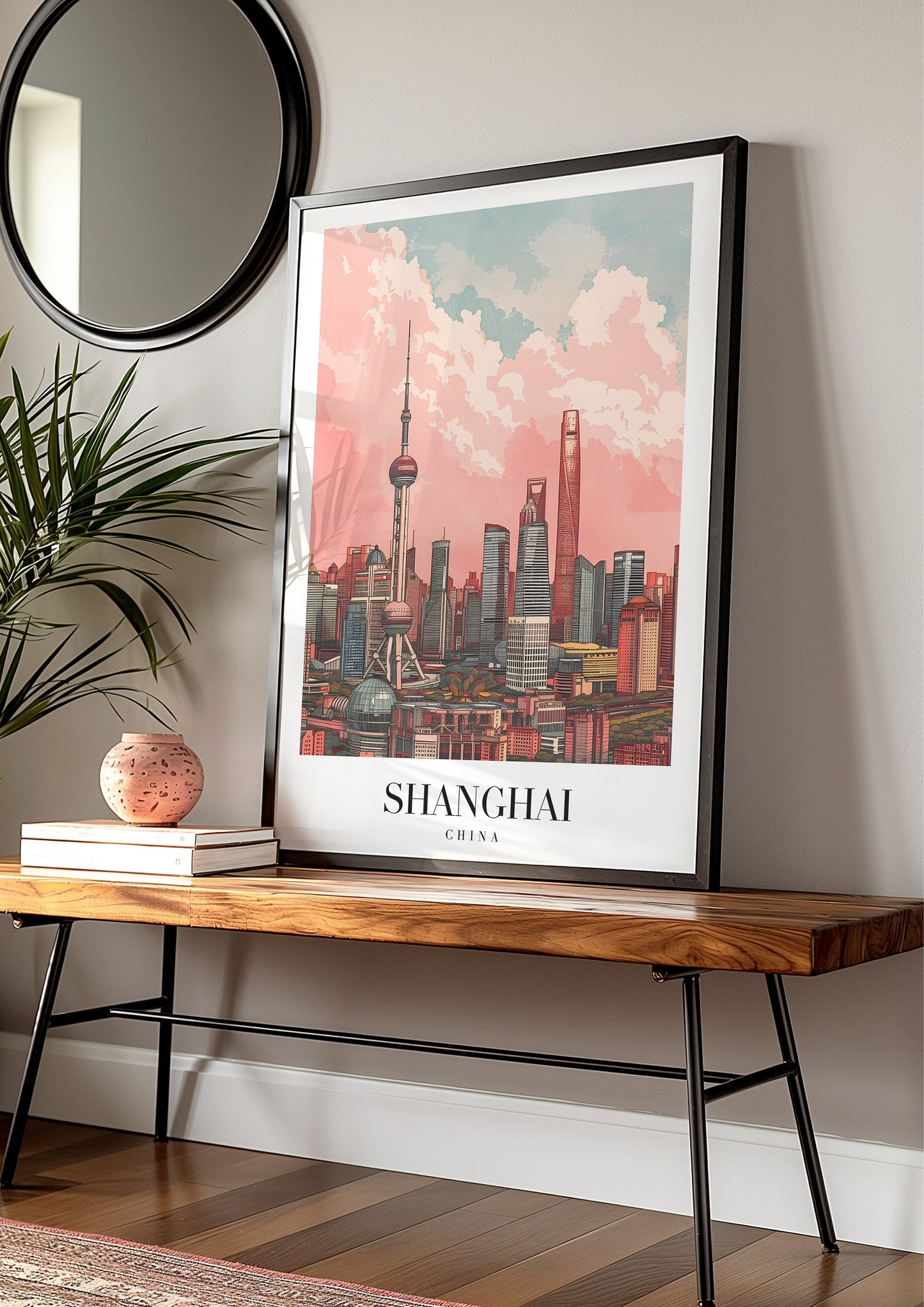 Shanghai China Skyline Poster, Modern City Wall Art, Shanghai Skyscrapers Print, Oriental Pearl Tower Illustration, China Cityscape Poster