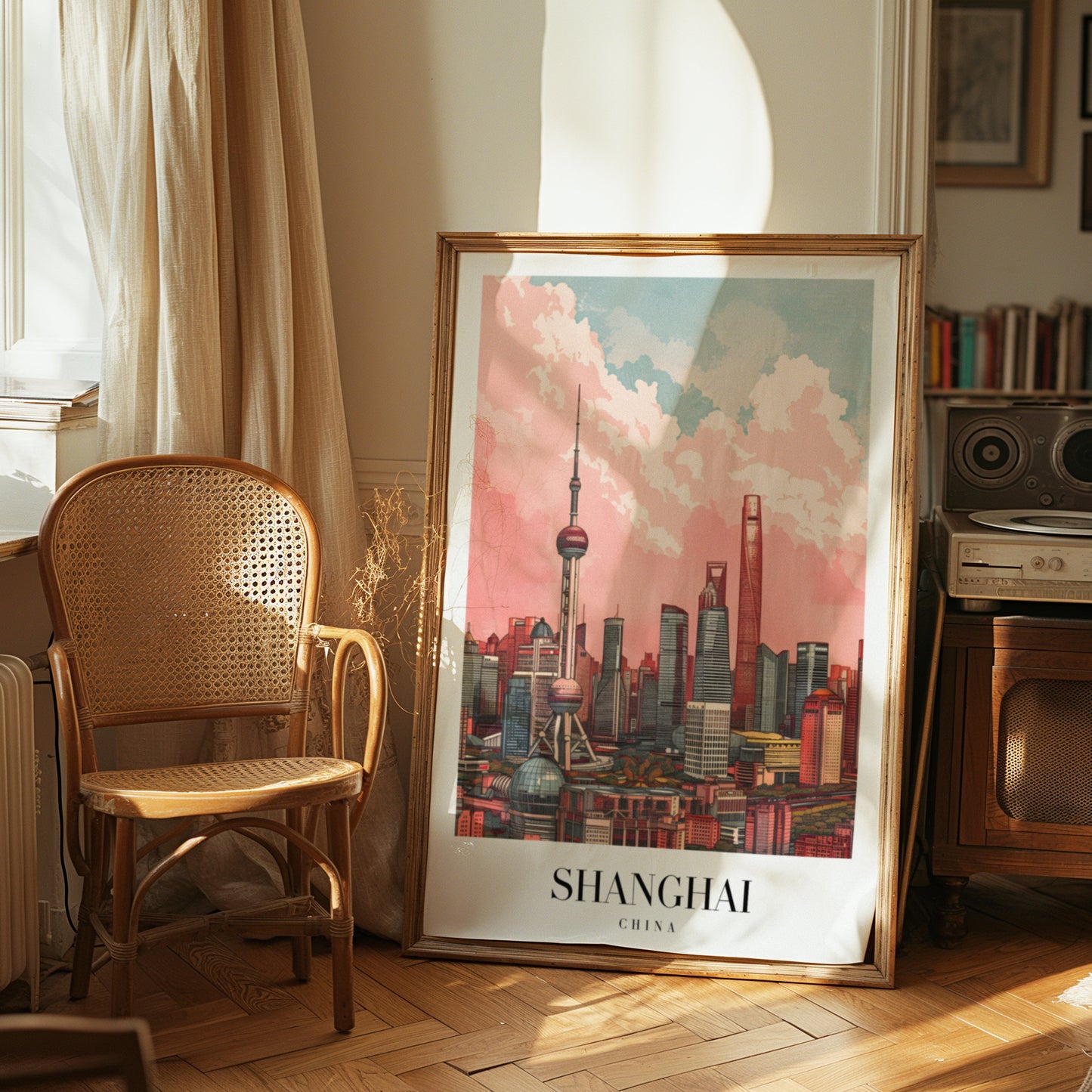 Shanghai China Skyline Poster, Modern City Wall Art, Shanghai Skyscrapers Print, Oriental Pearl Tower Illustration, China Cityscape Poster