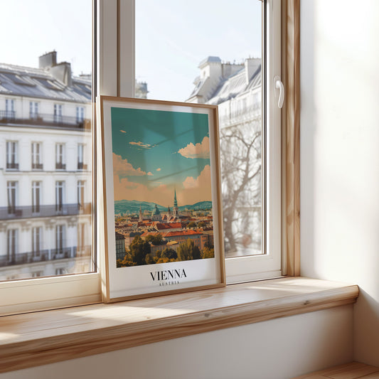 A vibrant poster of Vienna, Austria, highlighting the historic cityscape with St. Stephen&#39;s Cathedral in the center, framed by a bright blue sky.