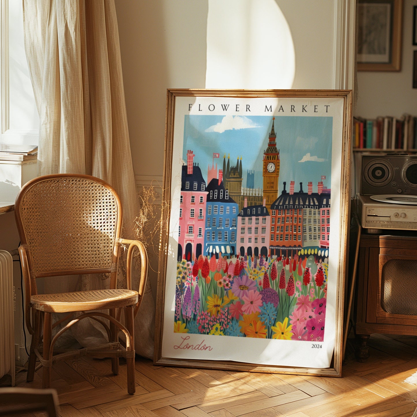 London  Flower Market Poster, British Market Street Art, London Wall Decor, Big Ben Floral Market Illustration, UK Flower Market Print