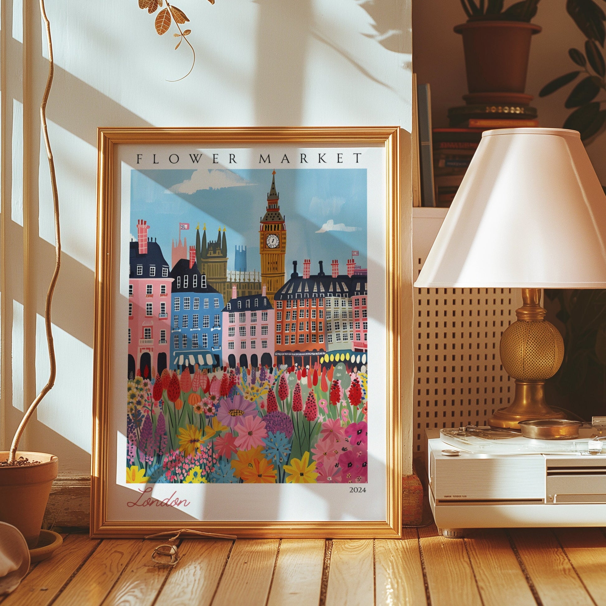 A colorful poster of London&#39;s flower market, featuring Big Ben in the background, surrounded by vibrant flowers and historic market buildings.