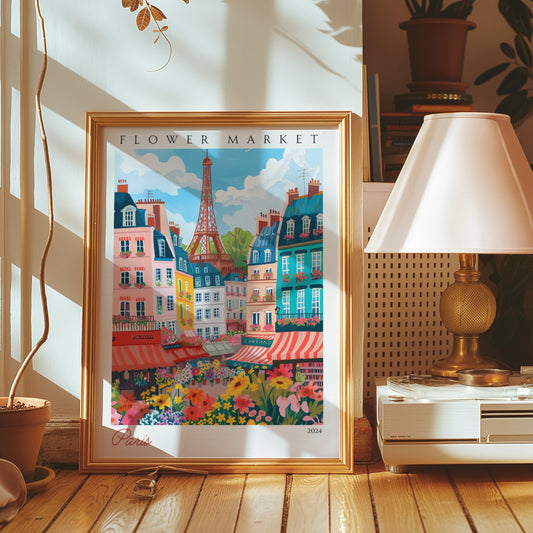 Paris Flower Market Poster, Colorful Parisian Street Art, Eiffel Tower Wall Decor, Paris Flower Market Illustration, French Market Art Print