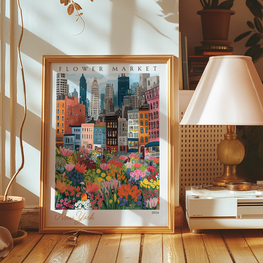 A vibrant poster of New York City&#39;s flower market, showcasing colorful flowers in the foreground with the iconic city skyline in the background.