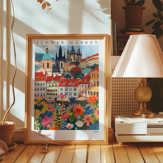 A lively illustration of Prague&#39;s flower market, featuring colorful flower stalls with the iconic Prague Old Town architecture and churches in the background.