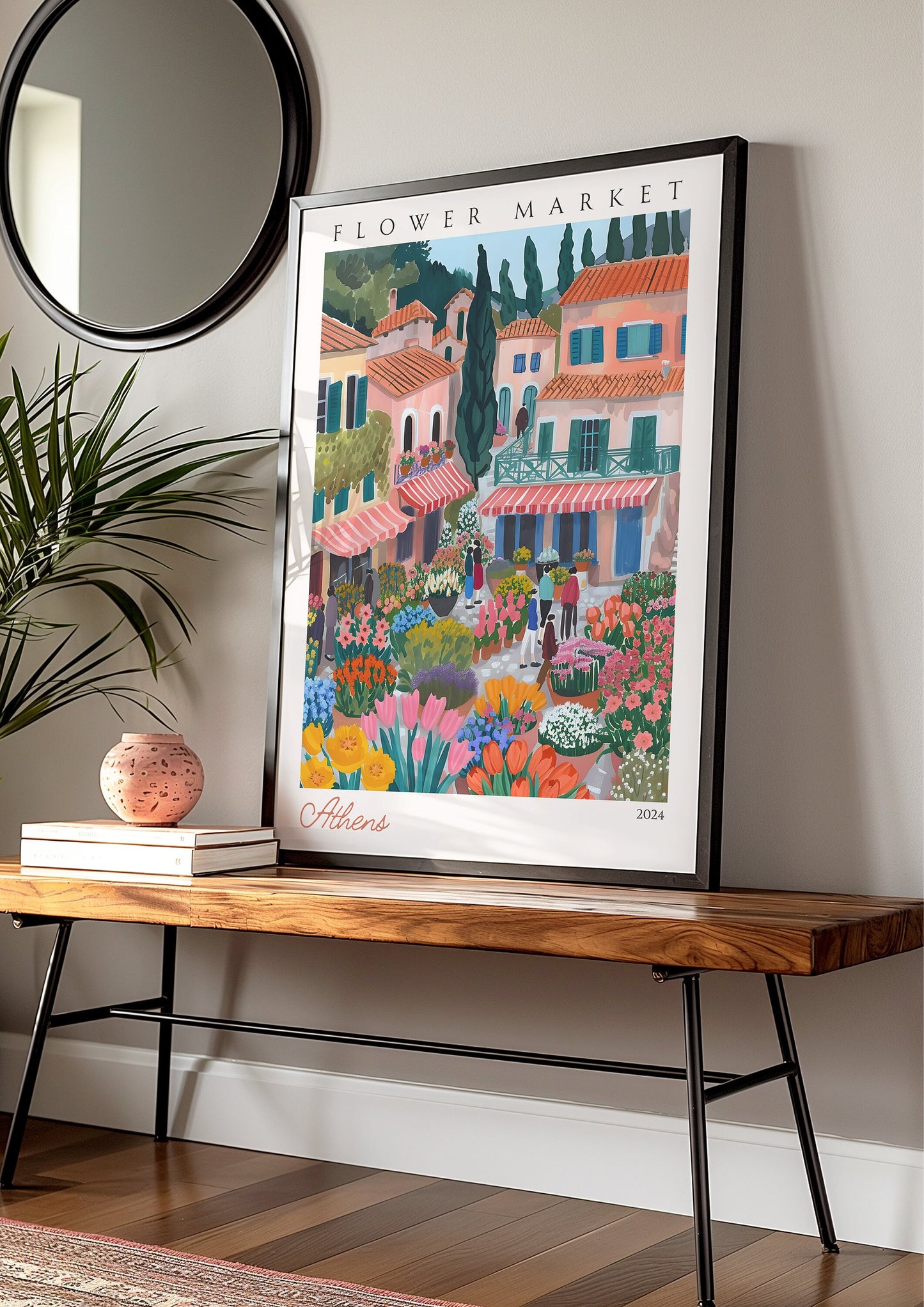 Athens  Flower Market Poster, Greece City Art, Floral Market Scene, Athens Old Town Wall Decor, Greek Market Print, Mediterranean Poster