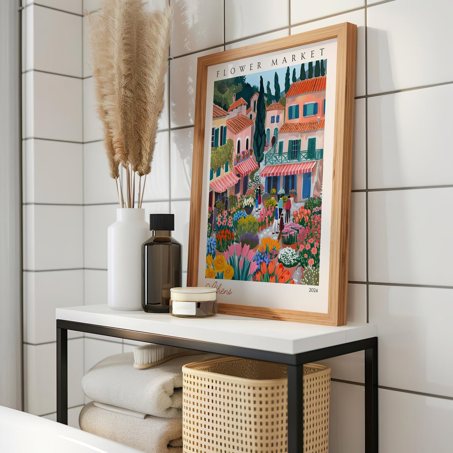 Athens  Flower Market Poster, Greece City Art, Floral Market Scene, Athens Old Town Wall Decor, Greek Market Print, Mediterranean Poster