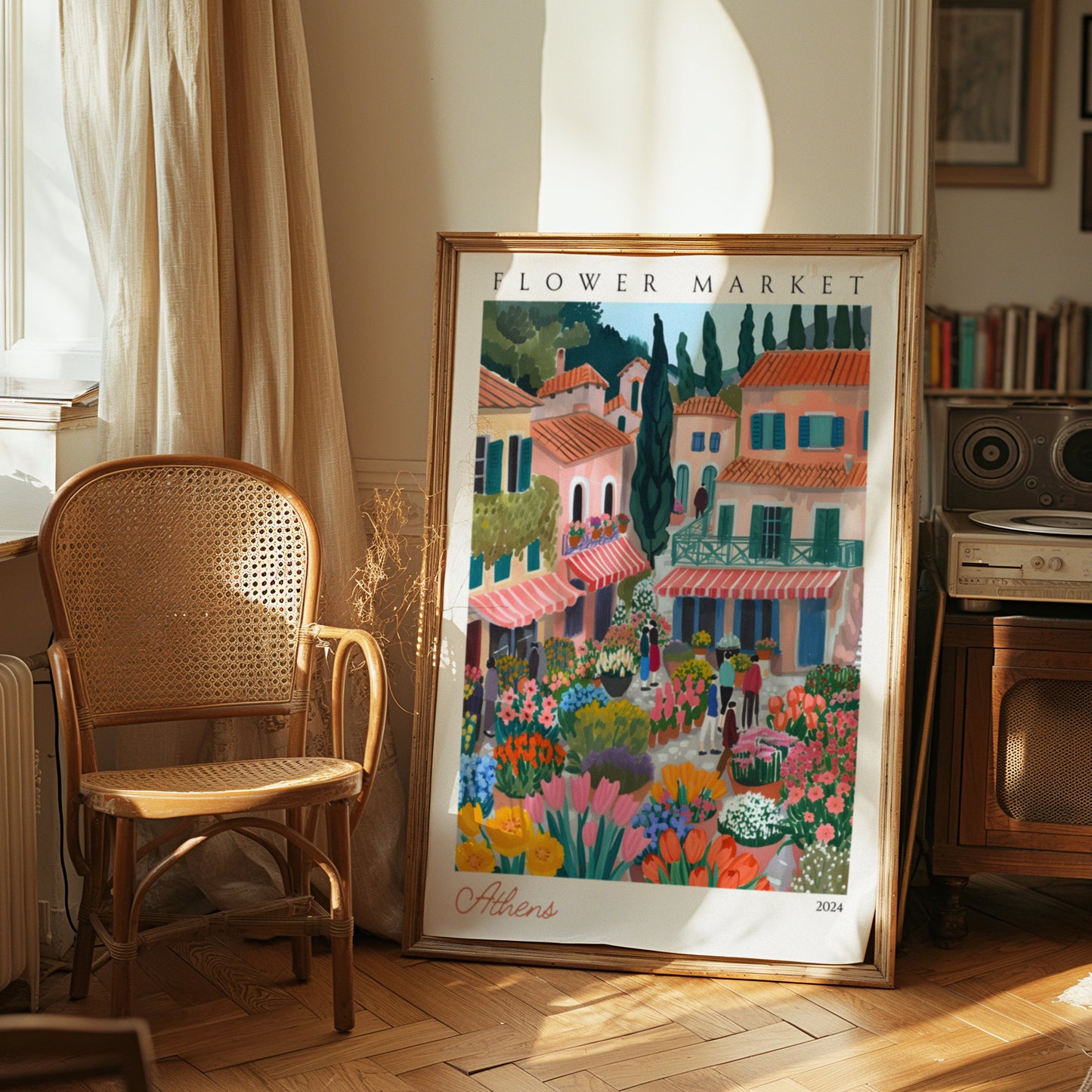 Athens  Flower Market Poster, Greece City Art, Floral Market Scene, Athens Old Town Wall Decor, Greek Market Print, Mediterranean Poster
