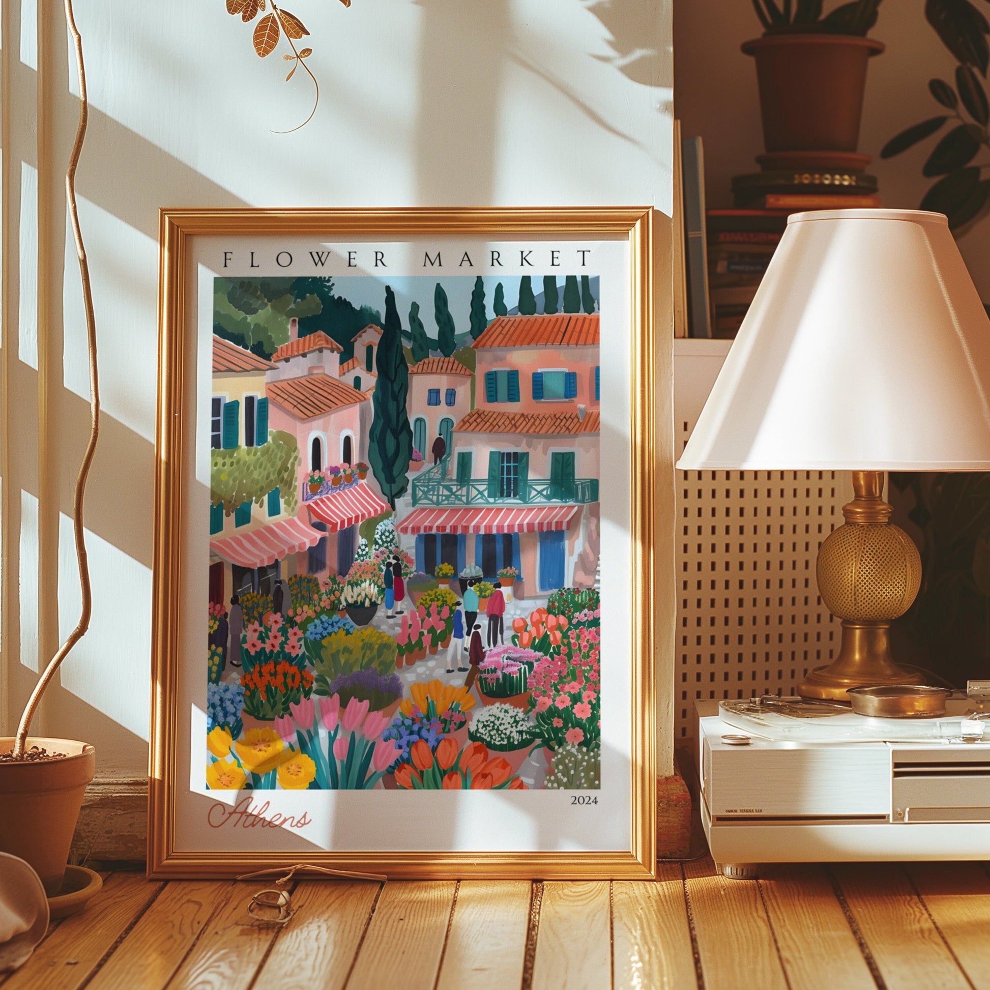 A vibrant illustration of Athens' flower market, showcasing colorful flower stalls with charming Mediterranean-style buildings and lush greenery in the background.