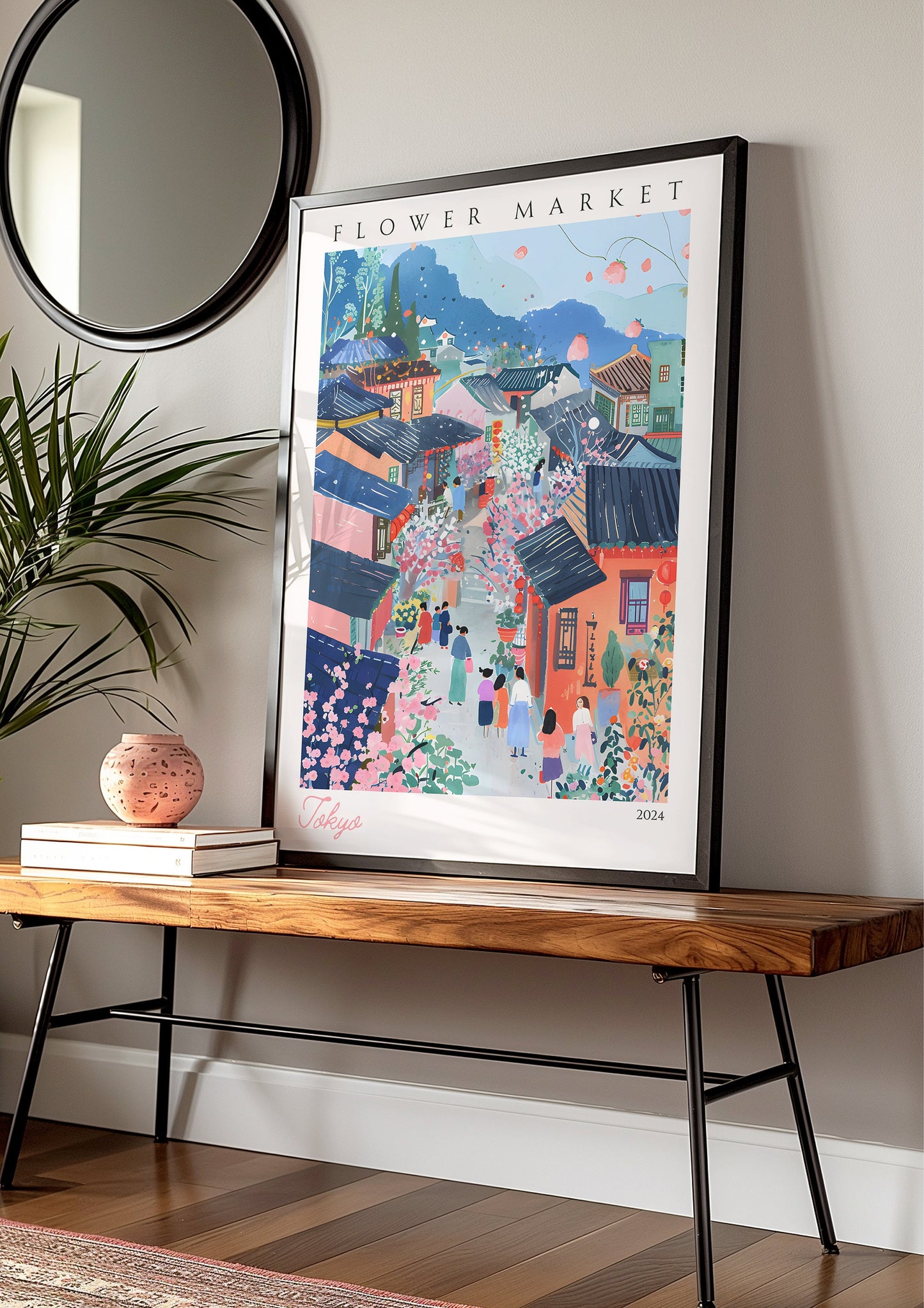 Tokyo Flower Market Poster, Japan City Art, Vibrant Floral Market Scene, Tokyo Street Wall Decor, Japanese Market Print, Asian City Poster