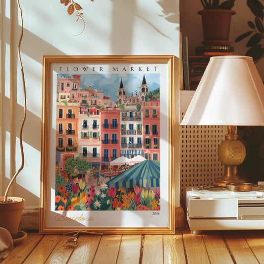 A lively and vibrant illustration of Barcelona’s flower market, featuring colorful buildings and a bustling display of flowers in a sunlit city street scene.