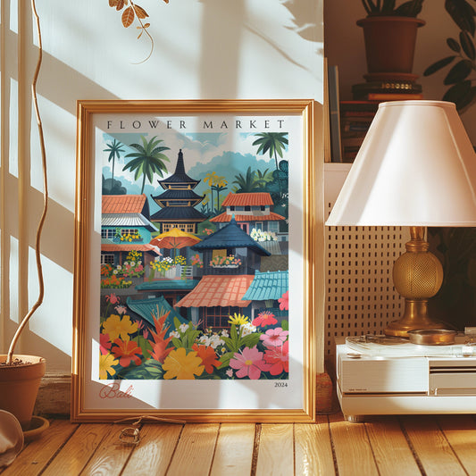 A vibrant depiction of a Balinese flower market, featuring colorful flowers and traditional Indonesian architecture with lush tropical surroundings and palm trees.