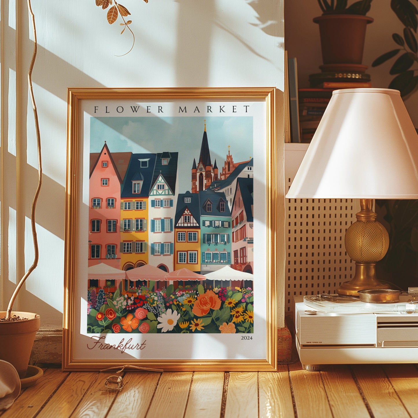 A vibrant poster depicting Frankfurt&#39;s flower market, featuring colorful flowers in front of traditional German architecture under a bright sky.