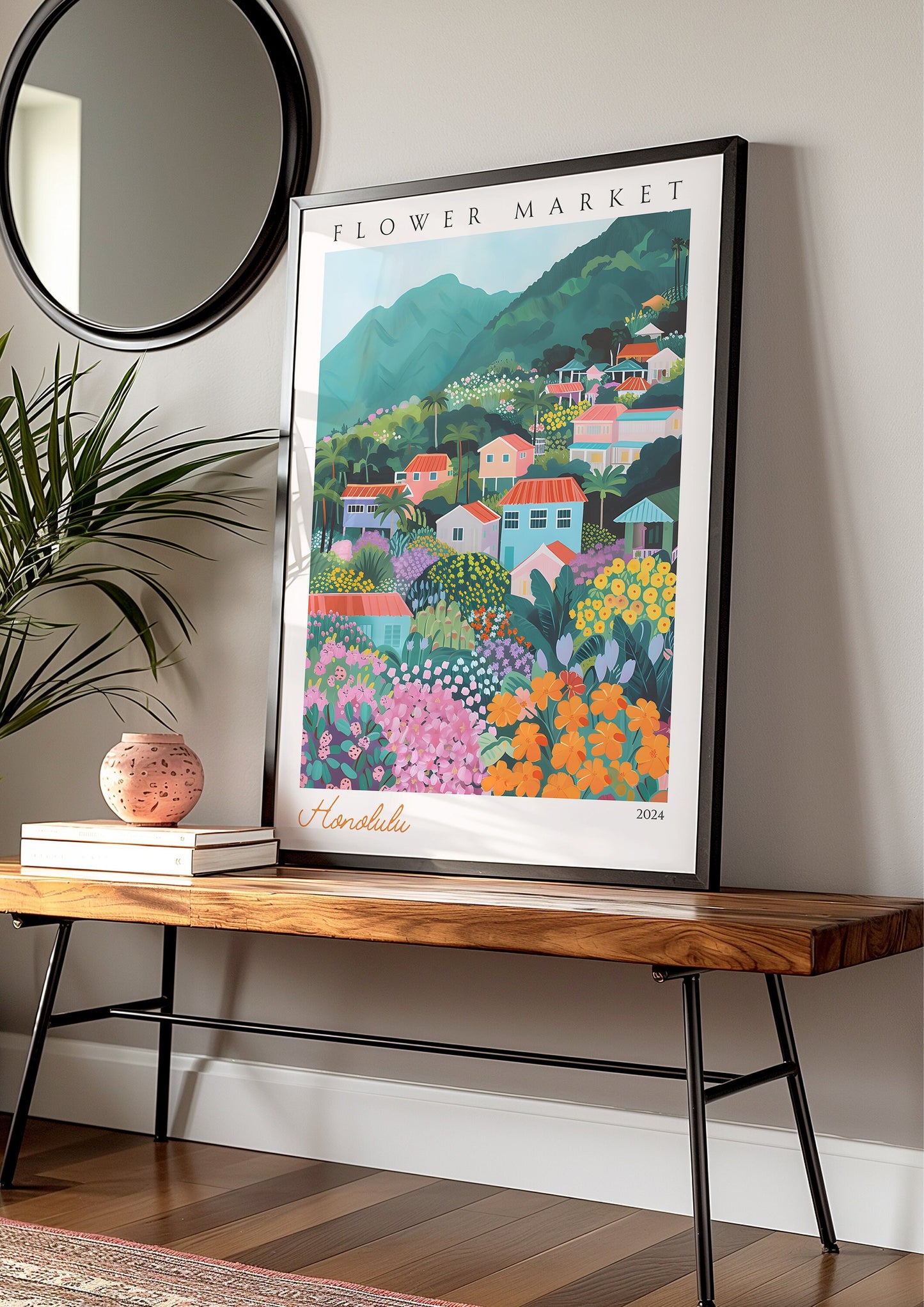 Honolulu Flower Market Poster, Hawaiian Cityscape Wall Art, Honolulu Flower Market Print, Vibrant Tropical Poster, Hawaii Wall Decor