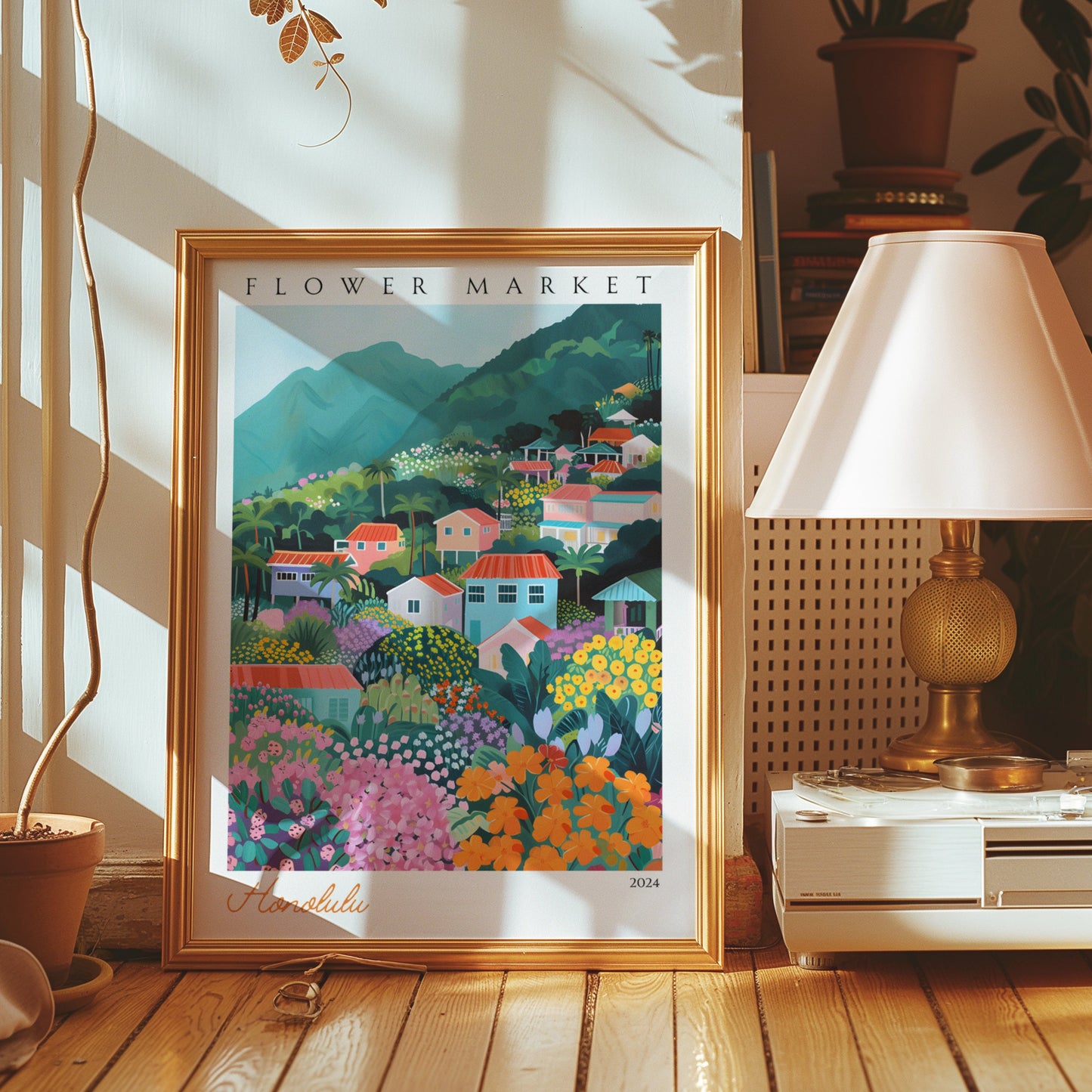 A colorful poster featuring the vibrant flower market of Honolulu, with tropical flowers and houses against lush Hawaiian mountains.