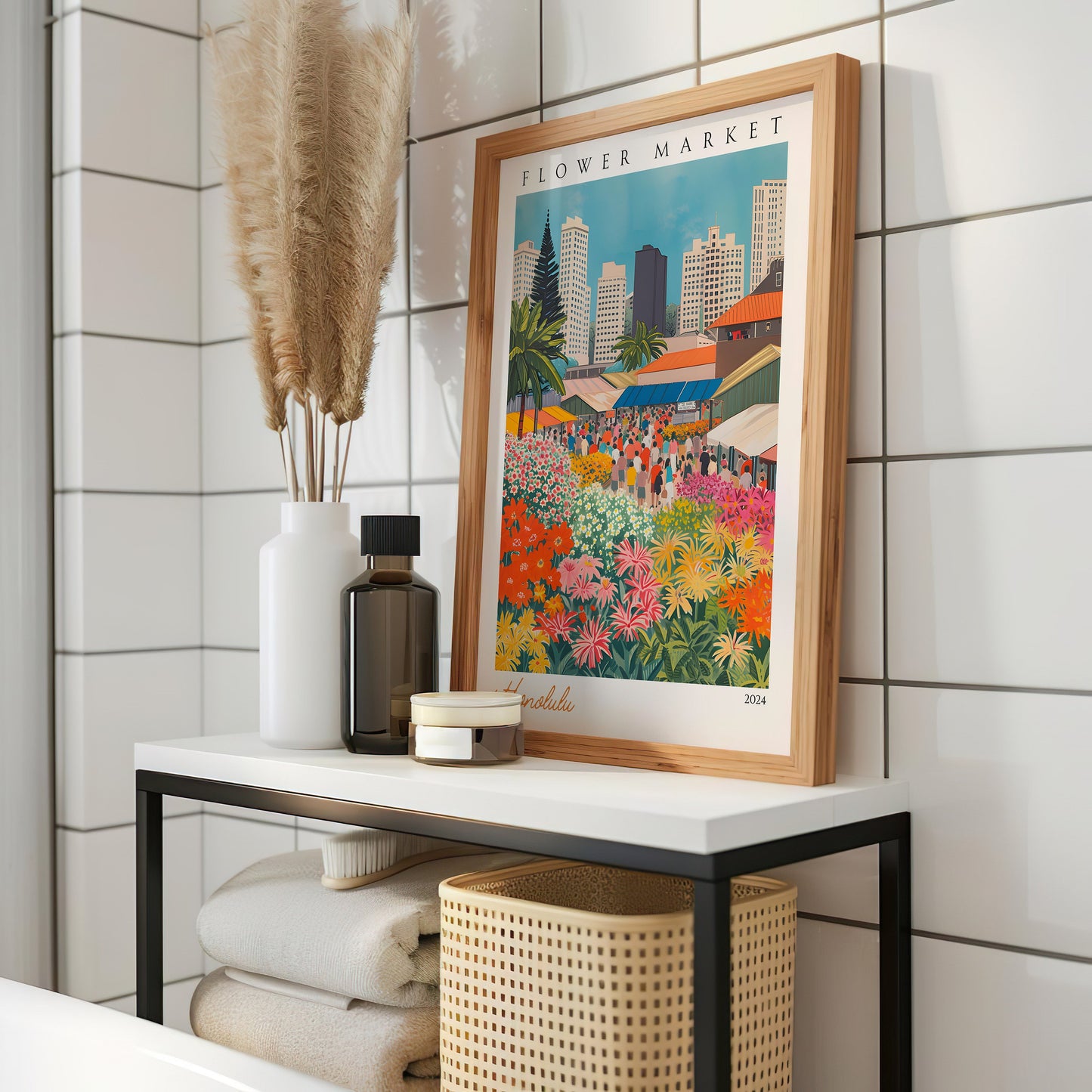 Honolulu Flower Market Poster, Hawaiian Skyline Wall Art, Vibrant City Market Print, Honolulu Urban Market Poster, Tropical Flower Market