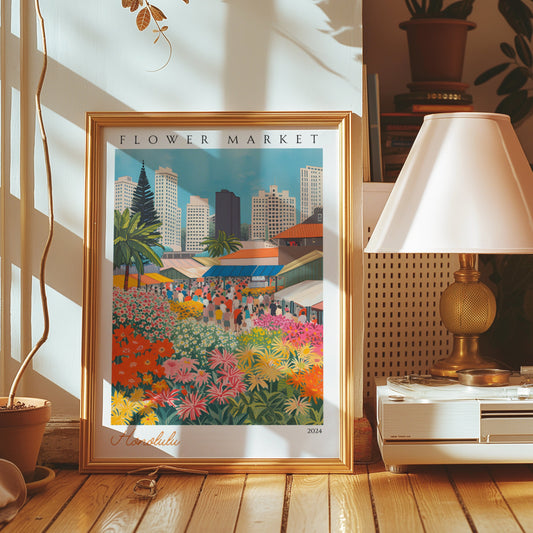 A colorful poster showcasing the bustling flower market in Honolulu, with tropical flowers and the city&#39;s skyline in the background.