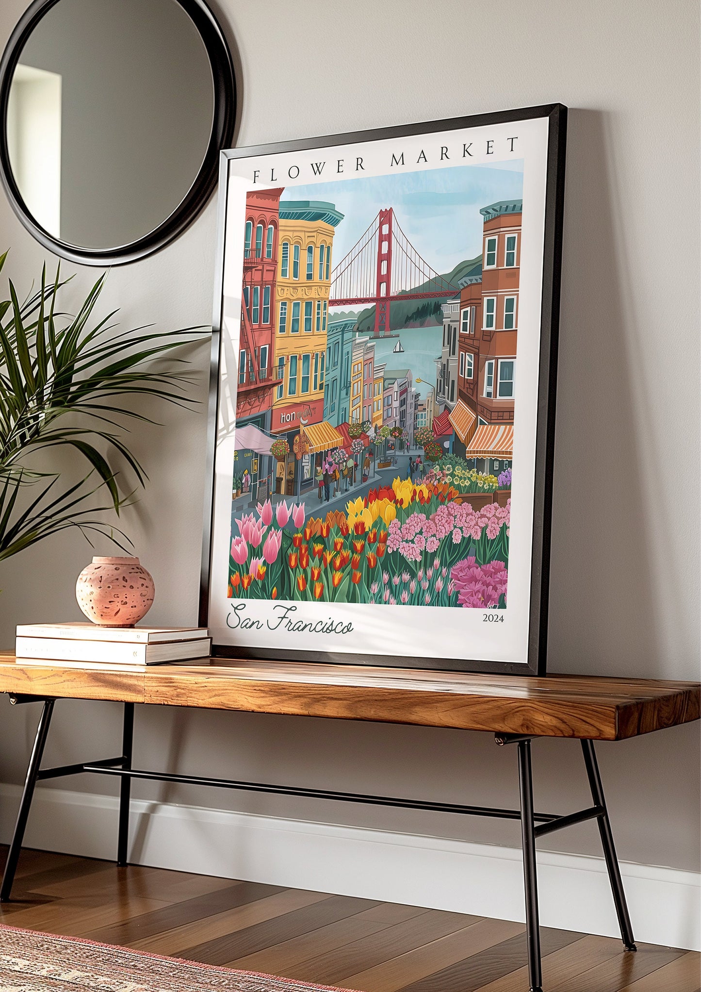 San Francisco Flower Market Poster, Golden Gate Bridge Wall Art, San Francisco City Print, California Art Decor,San Francisco, Travel Poster