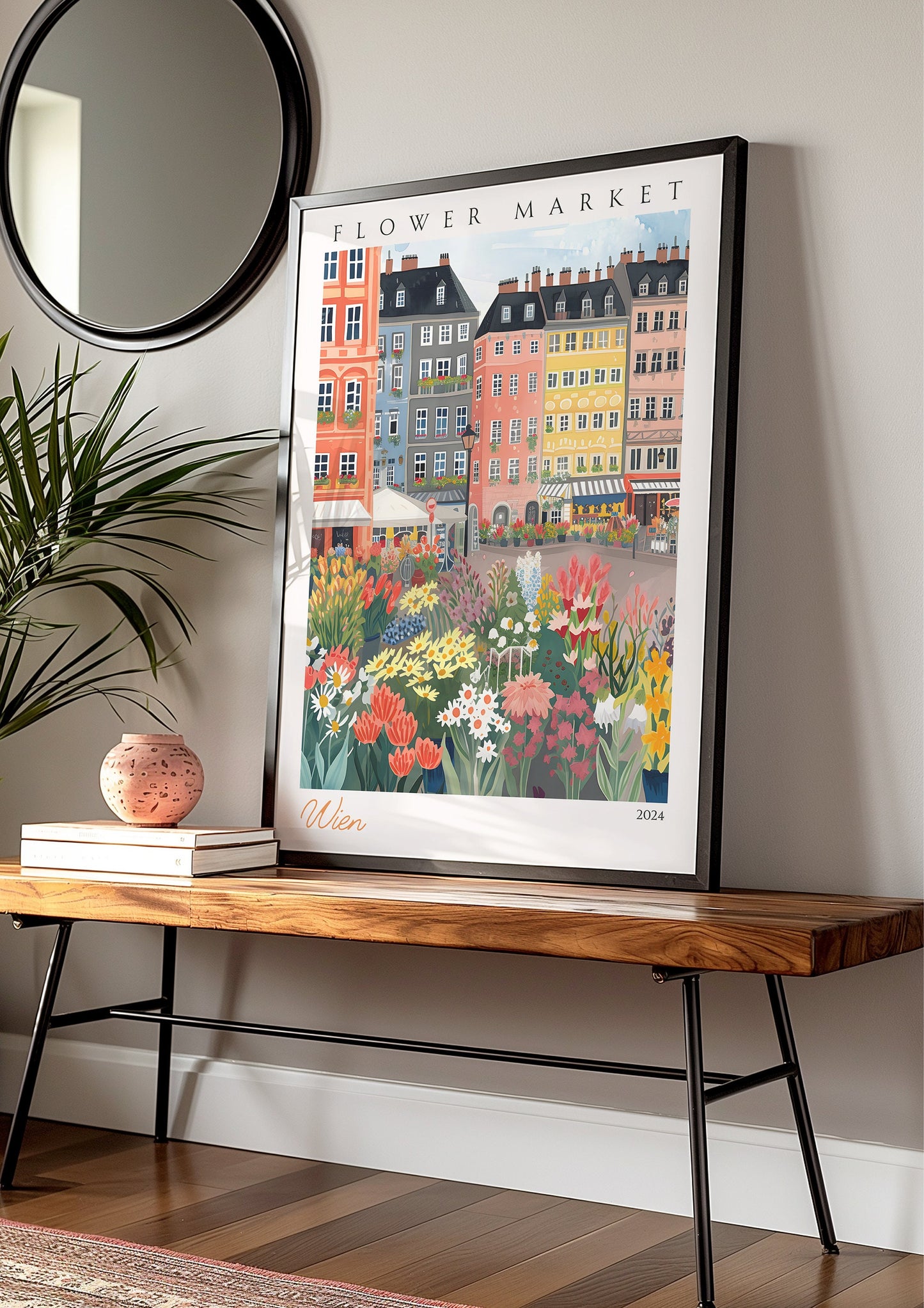 Vienna Flower Market Poster, Austria City Wall Art, Wien Travel Print, Colorful Urban Art, Vienna Cityscape Illustration, Vibrant Vienna Art